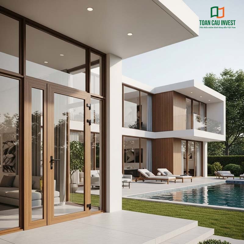 Cửa nhôm kính giả gỗ cao cấp cho biệt thự có hồ bơi – thiết kế sang trọng, hiện đại, chống thấm và cách âm vượt trội.