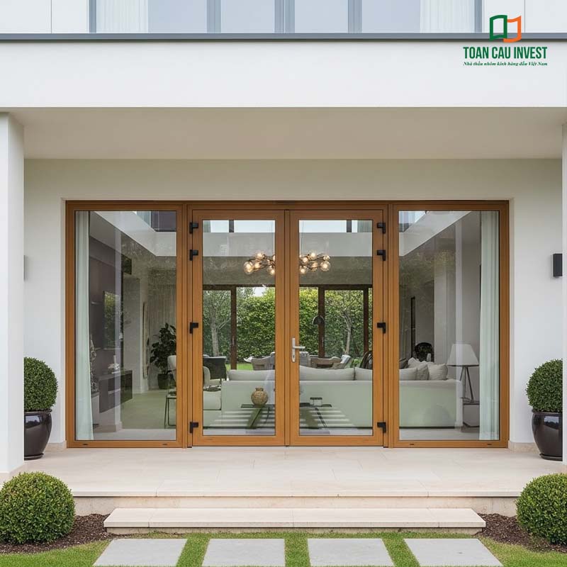 Cửa nhôm kính giả gỗ 4 cánh Toàn Cầu Invest – giải pháp hoàn hảo cho mặt tiền rộng, giúp tối ưu ánh sáng và tầm nhìn