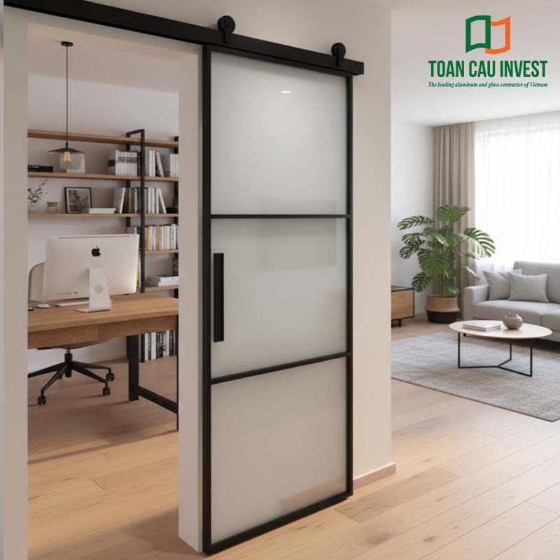 Cửa nhôm kính lùa 1 cánh sử dụng kính mờ đảm bảo riêng tư, phù hợp cho phòng làm việc và phòng ngủ – vận hành êm ái, độ bền cao.