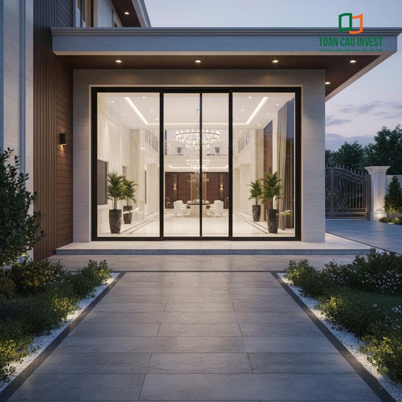 Mẫu cửa nhôm kính lùa 3 cánh khổ lớn cho mặt tiền biệt thự sang trọng, tăng hiệu ứng ánh sáng và tầm nhìn thoáng đãng.