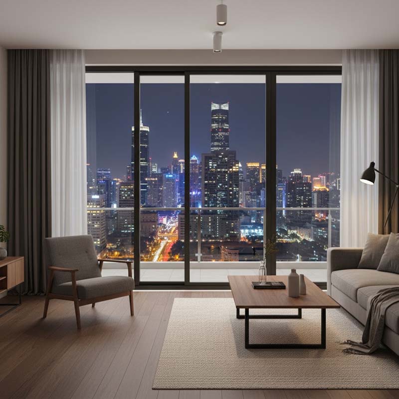 Cửa nhôm kính lùa 3 cánh cao cấp Toàn Cầu Invest với tầm nhìn toàn cảnh thành phố lung linh về đêm, thiết kế hiện đại và tinh tế