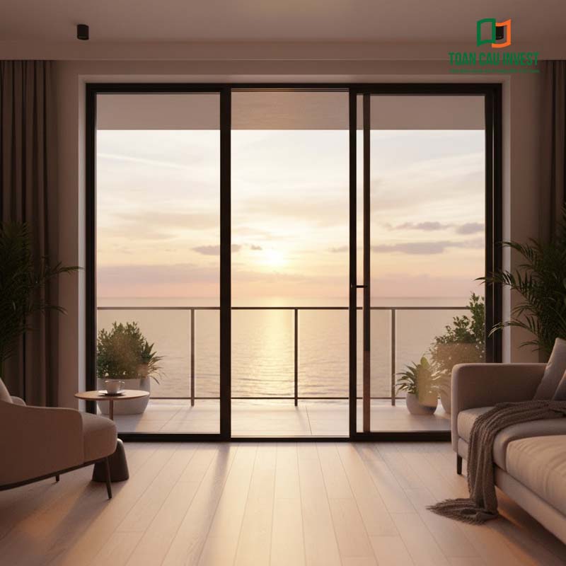 Cửa nhôm kính lùa 3 cánh khung mảnh, view biển hoàng hôn lãng mạn – giải pháp tối ưu cho căn hộ cao cấp ven biển