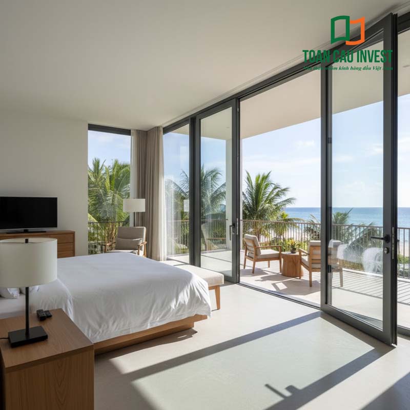 Hệ cửa nhôm kính cao cấp tạo góc nhìn panorama, tối ưu diện tích mở cho căn hộ hiện đại.
