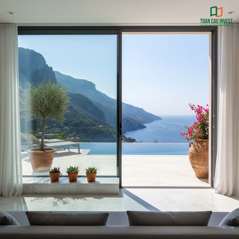 Cửa sổ mở trượt hiện đại với kính cường lực, view hướng ra biển và sân thượng, tối ưu ánh sáng và sự sang trọng