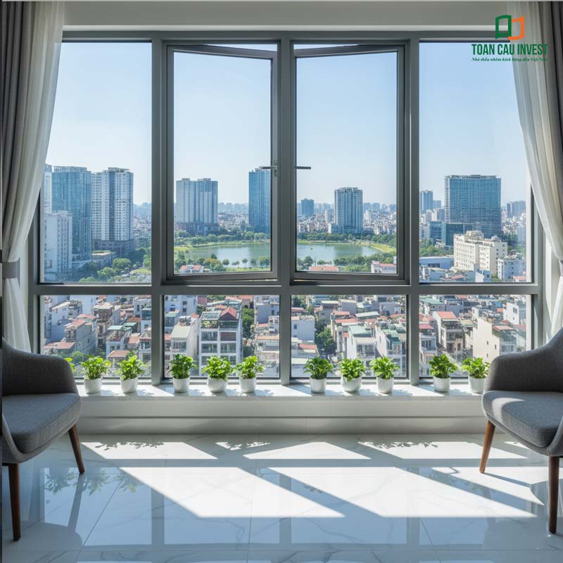 Cửa sổ mở trượt nhôm kính panorama, đón sáng tự nhiên, mang lại tầm nhìn rộng rãi ra hồ và khu đô thị