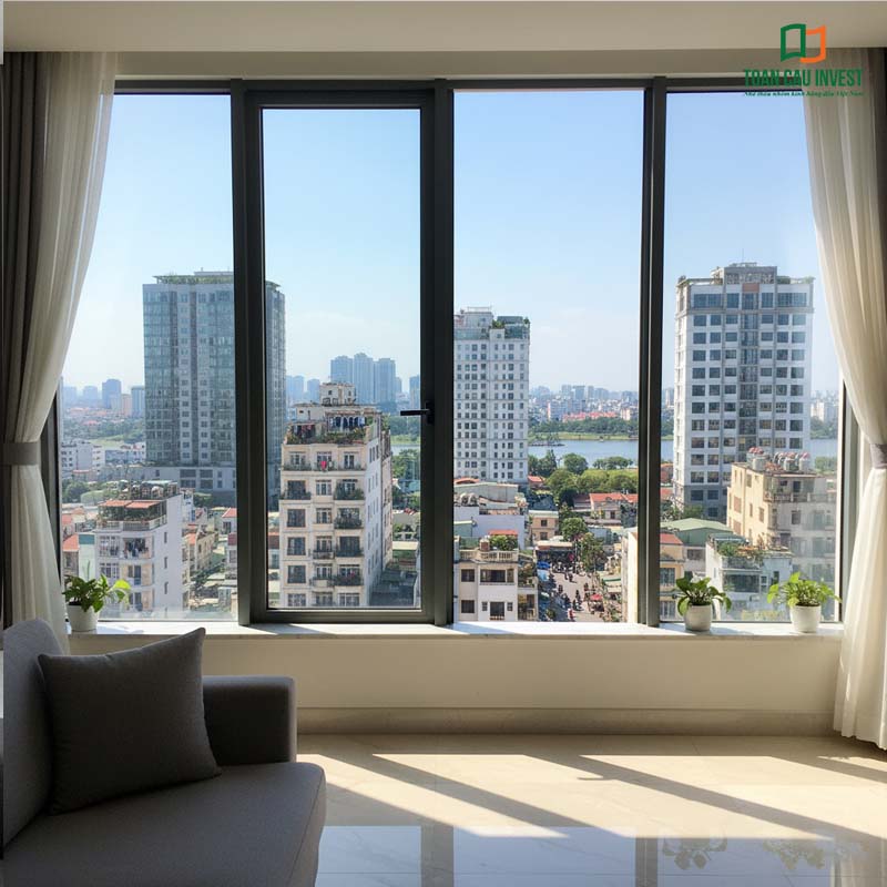 Cửa sổ mở trượt với kính cường lực, khung nhôm bền vững, tầm nhìn rộng ra trung tâm thành phố sôi động