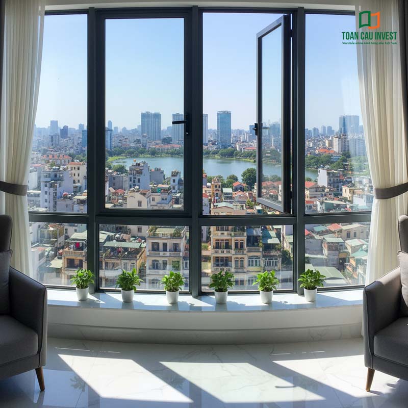 Cửa sổ mở trượt với kính cường lực, khung nhôm bền vững, tầm nhìn rộng ra trung tâm thành phố sôi động