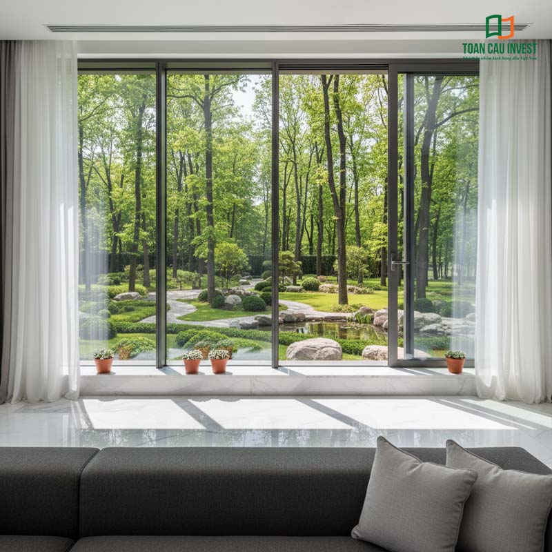 Cửa sổ mở trượt sang trọng, thiết kế khung nhôm chắc chắn, mở rộng view thành phố hiện đại từ căn hộ cao cấp