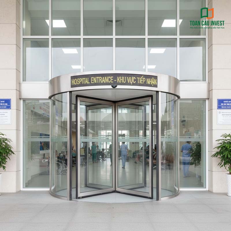 Cửa tự động trượt cong tại khu vực tiếp nhận bệnh viện – giải pháp hiện đại giúp tối ưu lưu thông, đảm bảo vệ sinh và vận hành an toàn cho không gian y tế.