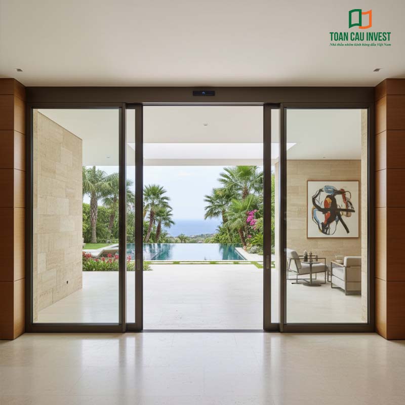 Cửa tự động trượt ngang kính cường lực khung nhôm cao cấp cho biệt thự sang trọng, mở rộng tầm nhìn ra hồ bơi và sân vườn thoáng đãng