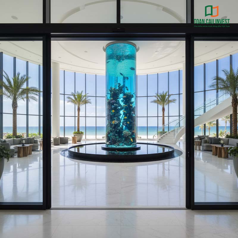 Cửa tự động trượt ngang nhôm kính cường lực cho khu nghỉ dưỡng ven biển, kết hợp kiến trúc mở và ánh sáng tự nhiên, tạo không gian thư giãn đẳng cấp