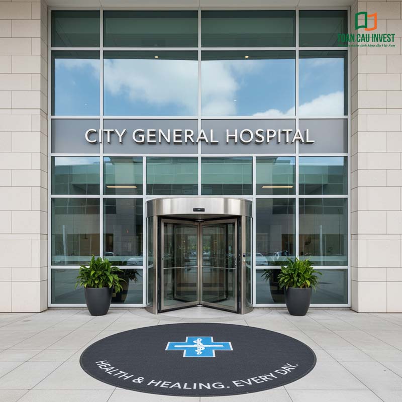 Cửa tự động xoay viền inox tại bệnh viện City General Hospital, tạo lối vào an toàn, tiện lợi cho bệnh nhân và khách đến khám.