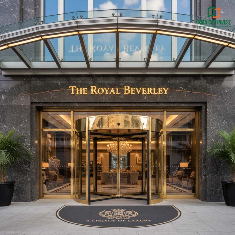 Cửa tự động xoay mạ vàng sang trọng lắp đặt tại khách sạn 5 sao The Royal Beverley, khẳng định đẳng cấp và sự xa hoa.