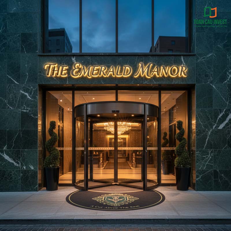 Cửa tự động xoay viền thép không gỉ hiện đại tại khách sạn The Emerald Manor, kết hợp ánh sáng lung linh và thiết kế sang trọng