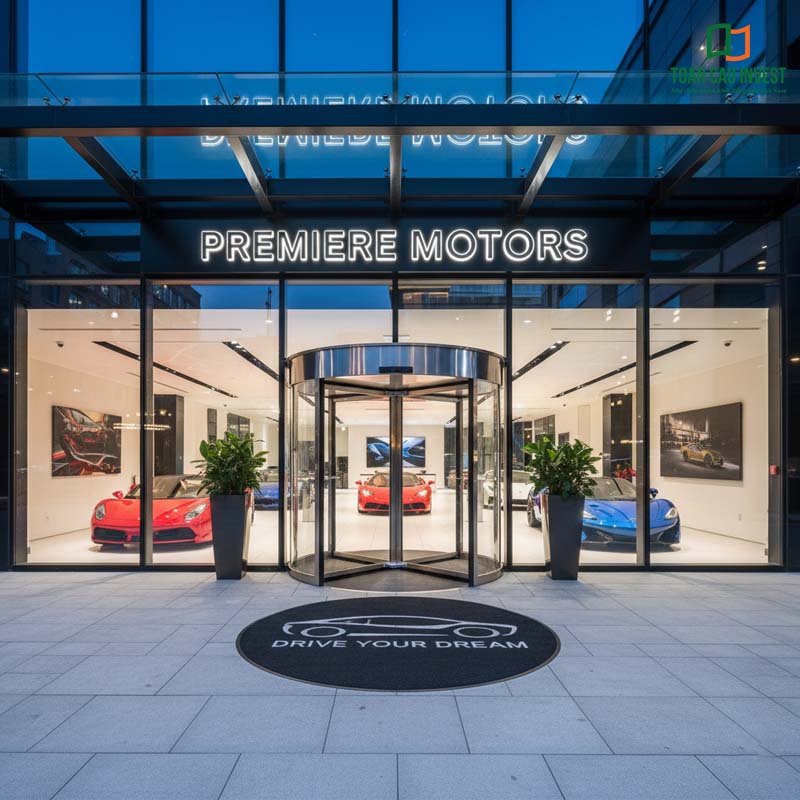Cửa tự động xoay kính cường lực lắp đặt tại showroom siêu xe Premiere Motors, tôn lên vẻ sang trọng và đẳng cấp.
