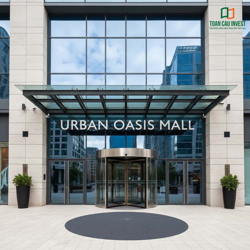 Cửa tự động xoay kính khung nhôm hiện đại tại trung tâm thương mại Urban Oasis Mall, nổi bật với kiến trúc sang trọng