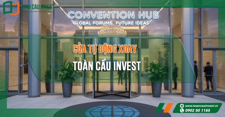 Cửa tự động xoay hiện đại của Toàn Cầu Invest lắp đặt tại trung tâm hội nghị Convention Hub, phù hợp cho các công trình cao cấp