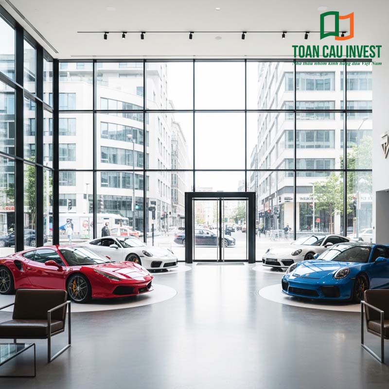 Vách kính cường lực độ dày lớn cho showroom ô tô, tạo không gian sang trọng và tầm nhìn toàn cảnh.