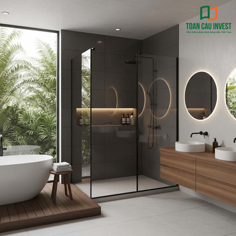 Phòng tắm kính kiểu dáng tối giản, ứng dụng phụ kiện vách kính nhà tắm bằng inox sáng bóng, giúp tăng độ bền và thẩm mỹ cho không gian phòng tắm.