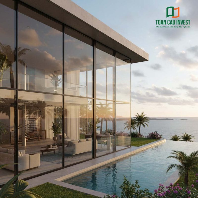 Biệt thự ven biển thiết kế tinh tế với vách kính cách âm toàn khối, giúp tận hưởng cảnh biển trọn vẹn mà vẫn đảm bảo sự yên bình tuyệt đối.