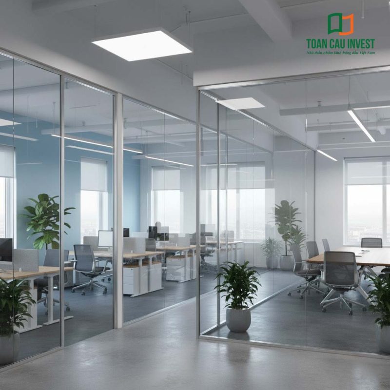 Không gian làm việc hiện đại, thiết kế mở với vách kính cách âm ngăn phòng tinh tế, đảm bảo sự riêng tư và yên tĩnh.