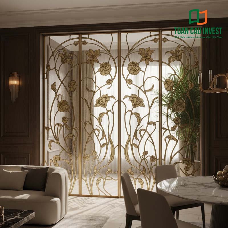 Vách kính hoa đồng nghệ thuật họa tiết hoa văn uốn lượn tinh tế, điểm nhấn hoàn hảo cho phòng khách phong cách tân cổ điển.