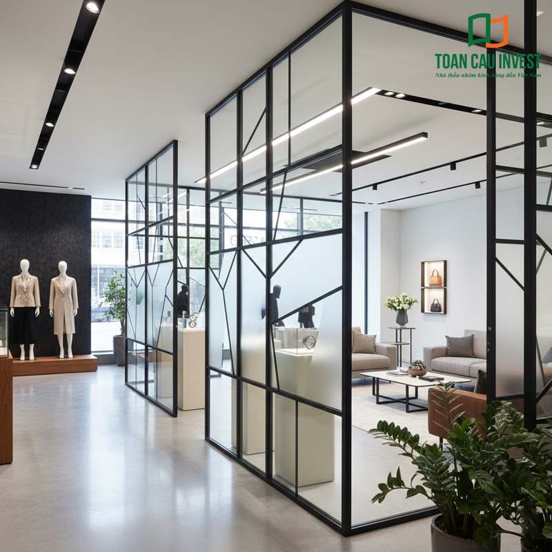 Mẫu vách kính mờ nghệ thuật khung nhôm đen, ứng dụng trong showroom trưng bày thời trang cao cấp. Phong cách hiện đại, ấn tượng và đầy tính thẩm mỹ.