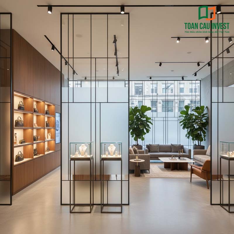 Vách kính mờ khung sắt nghệ thuật mang đến không gian mở sang trọng cho showroom trưng bày sản phẩm cao cấp, kết hợp hài hòa giữa ánh sáng và không gian nội thất.