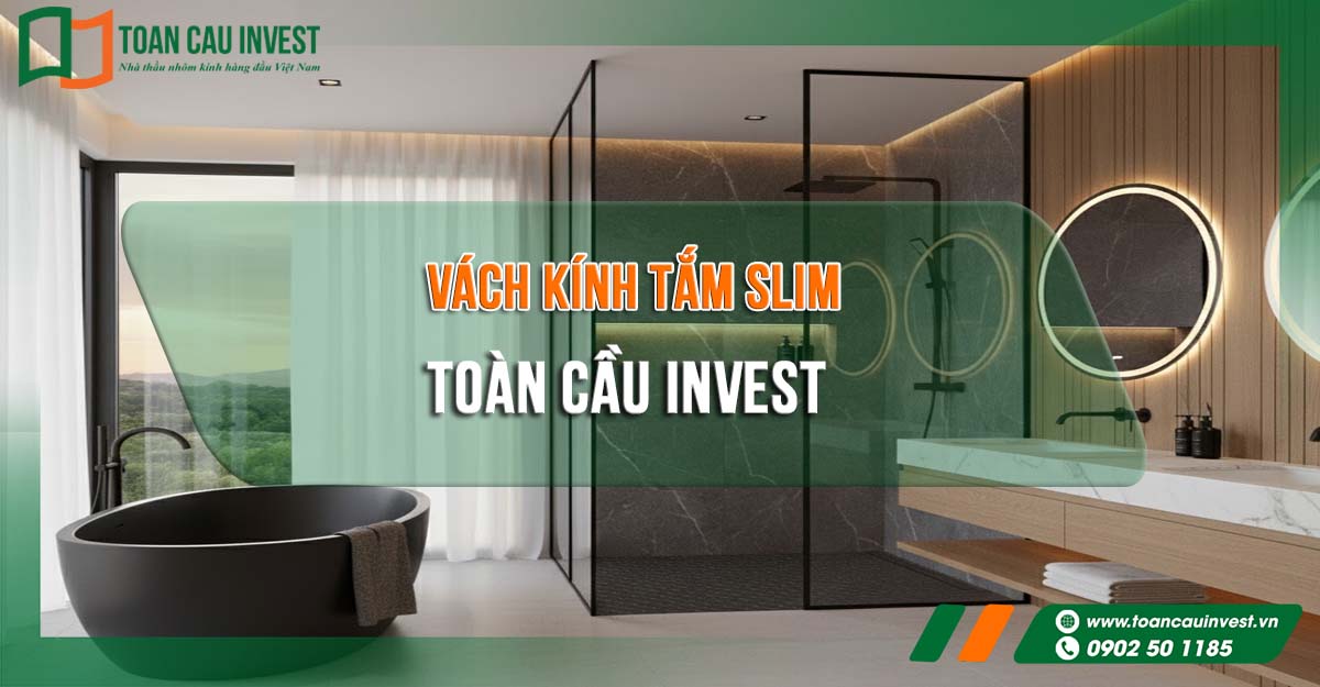 Vách kính tắm slim khung đen cao cấp kết hợp bồn tắm đá đen, phong cách hiện đại v