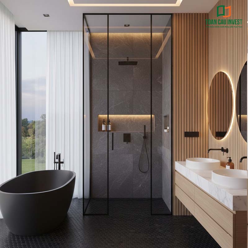 Vách kính tắm slim khung đen tối giản, thiết kế không khung dưới giúp mở rộng không gian và tăng tính thẩm mỹ.