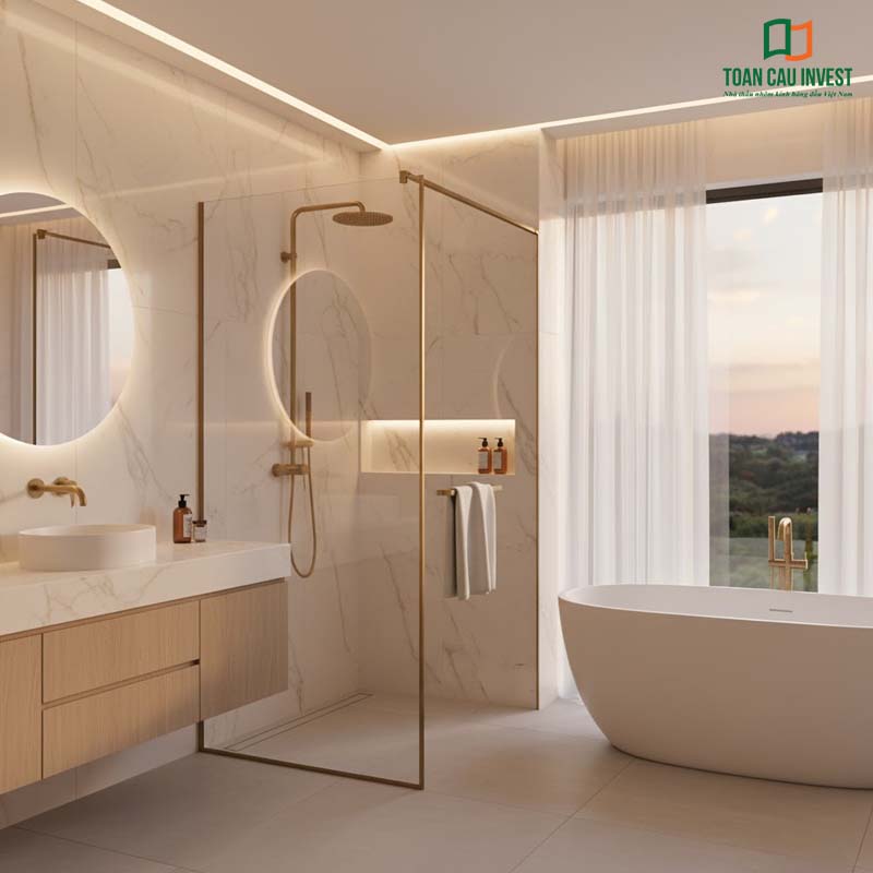 Vách kính tắm slim khung vàng champagne sang trọng, kết hợp đá marble trắng mang đến vẻ đẹp tinh tế và đẳng cấp.
