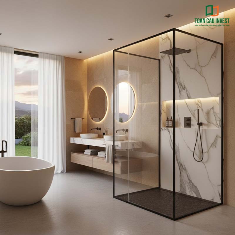 Vách kính tắm slim khung đen kết hợp tường ốp đá marble, tạo điểm nhấn sang trọng cho phòng tắm cao cấp.