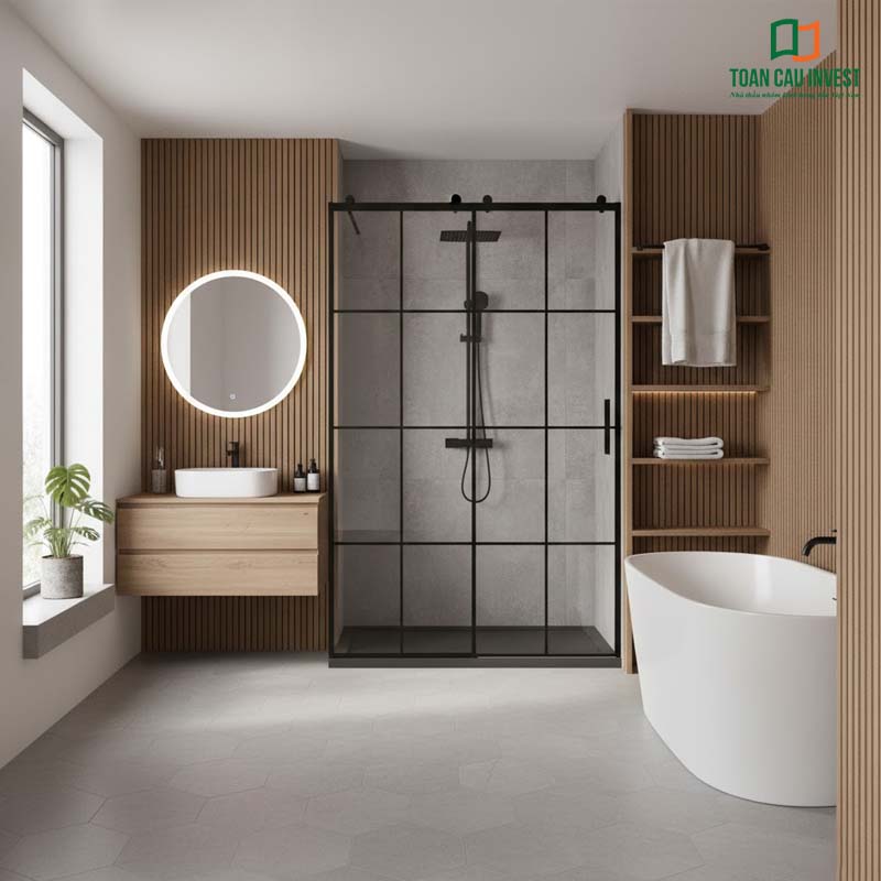 Vách kính tắm slim cửa trượt khung nhôm đen, kết hợp nội thất gỗ và bồn tắm hiện đại tạo cảm giác ấm áp, sang trọng