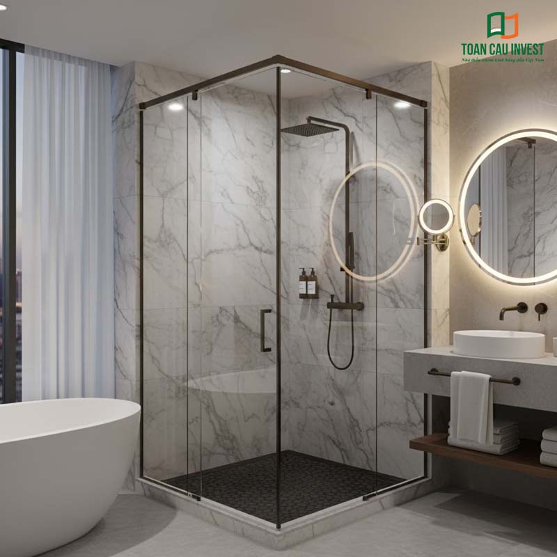 Vách kính tắm slim góc vuông, khung nhôm đen cao cấp, kết hợp tường ốp đá marble sang trọng.