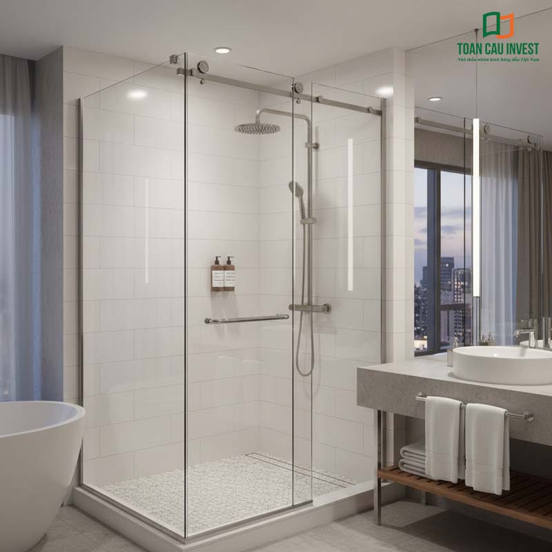 Vách kính tắm slim inox sáng bóng, thiết kế cửa trượt tinh tế, phù hợp không gian phòng tắm chung cư cao cấp.