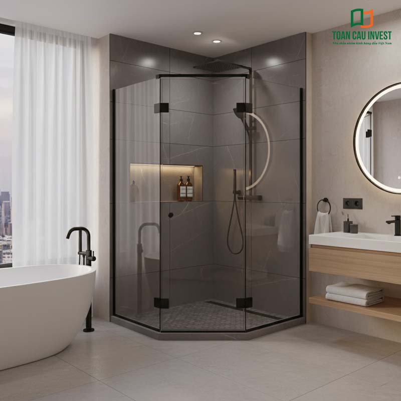 Vách kính tắm slim dạng lục giác khung đen cao cấp, thiết kế gọn gàng và tinh tế phù hợp phòng tắm nhỏ.
