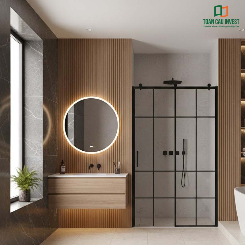 Vách kính tắm slim khung đen chia ô, kết hợp tường ốp gỗ tự nhiên, mang đến cảm giác ấm áp và hiện đại.