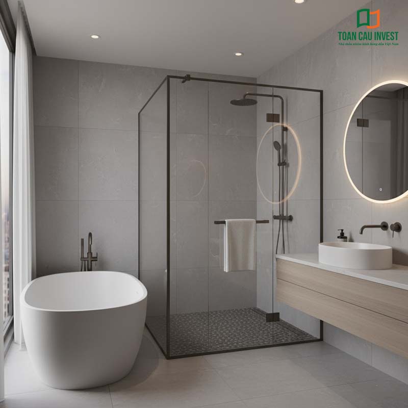 Vách kính tắm slim khung đen vuông góc, thiết kế tối giản mang đến không gian tắm hiện đại và sang trọng.