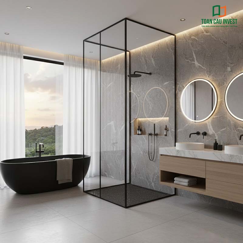 Banner giới thiệu sản phẩm vách kính tắm slim thương hiệu Toàn Cầu Invest – thiết kế hiện đại, sang trọng.