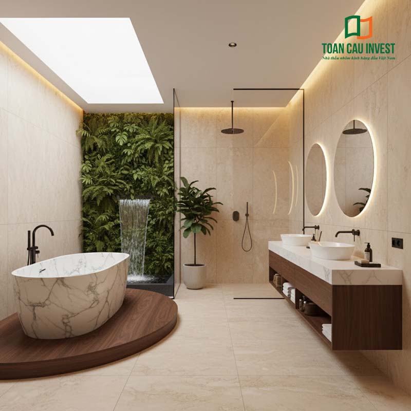 Vách kính trượt phòng tắm thiết kế mở, kết hợp bồn tắm đá tự nhiên và mảng tường cây xanh tạo điểm nhấn, mang hơi thở thiên nhiên vào không gian sống