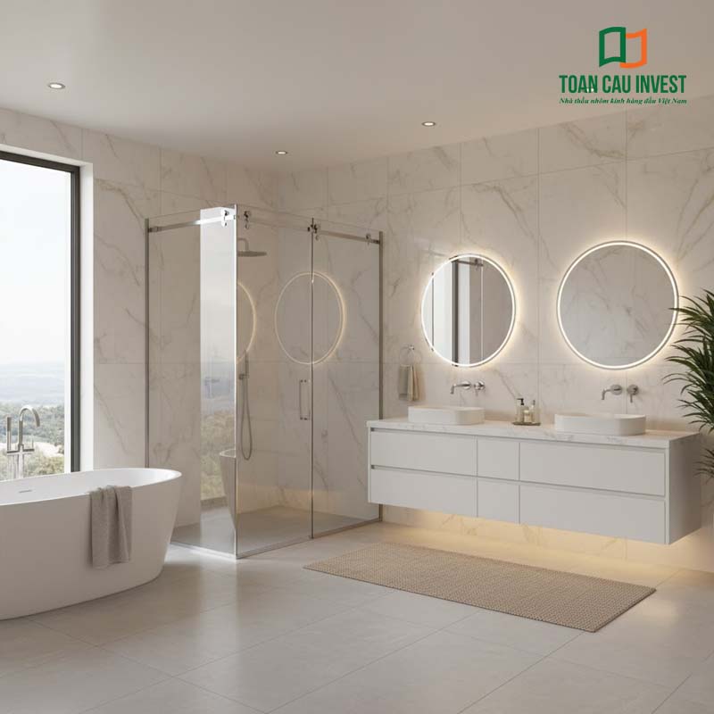 Mẫu vách kính trượt phòng tắm sang trọng với tông trắng chủ đạo, gương tròn đèn LED và bồn tắm đặt cạnh cửa sổ