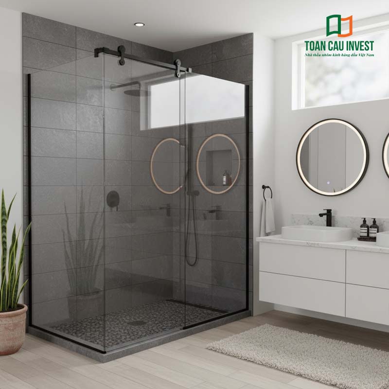 Vách kính trượt phòng tắm hiện đại với khung kính mảnh, tông màu xám đá tự nhiên và ánh sáng vàng ấm, giúp không gian thêm đẳng cấp và thư giãn