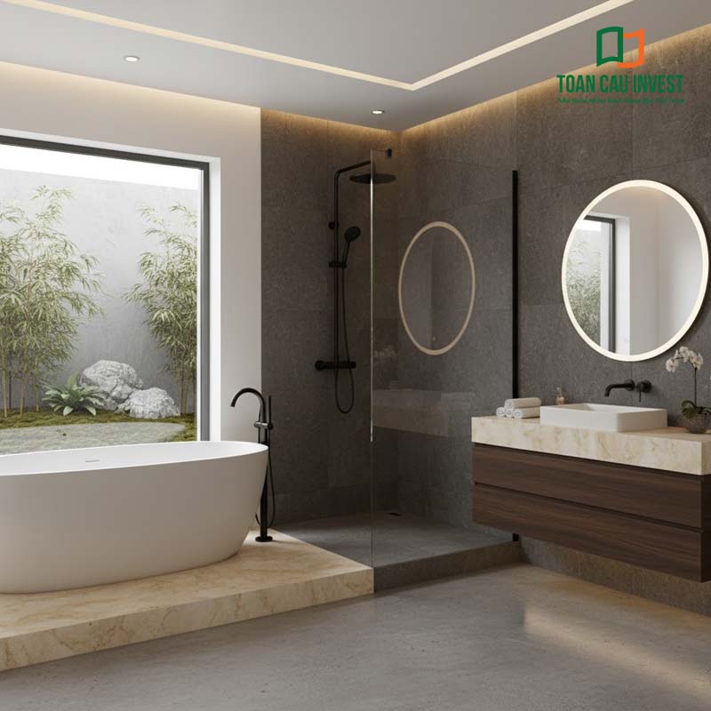 Vách kính trượt phòng tắm khung đen hiện đại, kết hợp gạch ốp tối màu và gương tròn đèn LED sang trọng, mang lại không gian đẳng cấp và tiện nghi