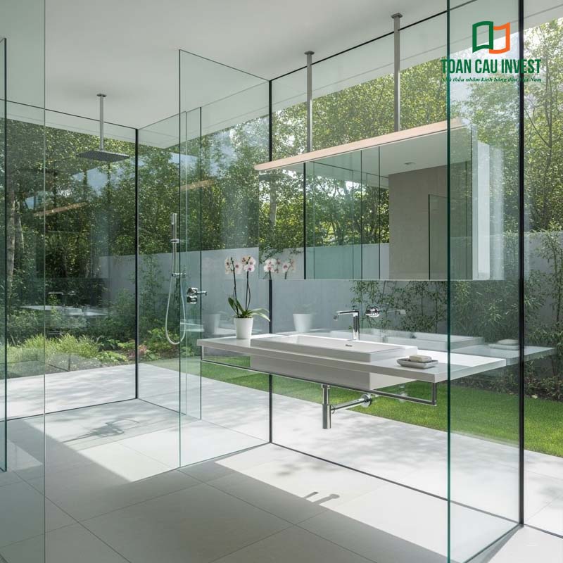 Phòng tắm hiện đại sử dụng vách kính trượt phòng tắm trong suốt, thiết kế tối giản hòa cùng không gian thiên nhiên xanh mát