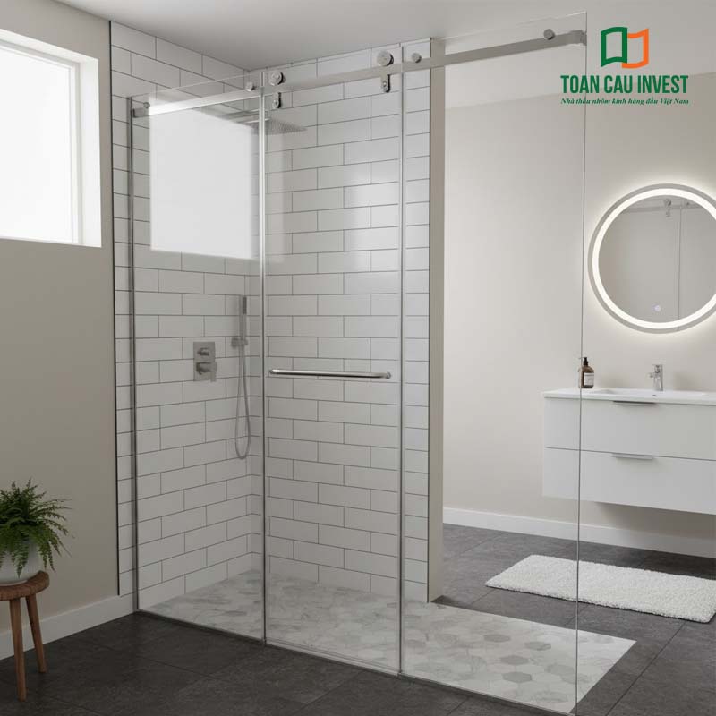 Thiết kế vách kính trượt phòng tắm dạng ray treo inox sáng bóng, kết hợp gạch ốp trắng tinh tế, giúp tối ưu diện tích và tăng tính thẩm mỹ cho không gian nhỏ