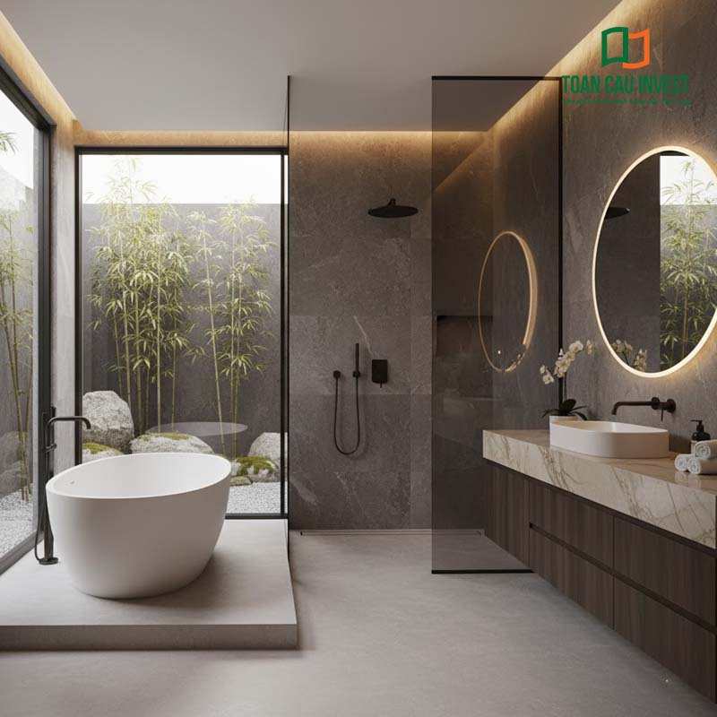 Vách kính trượt phòng tắm thiết kế mở, kết hợp bồn tắm đá tự nhiên và mảng tường cây xanh tạo điểm nhấn, mang hơi thở thiên nhiên vào không gian sống