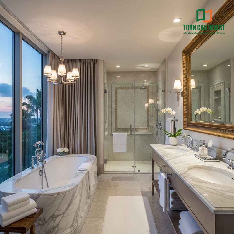 Mẫu vách kính trượt phòng tắm cao cấp kết hợp cùng bồn tắm đá tự nhiên và ánh sáng tự nhiên, tạo nên không gian sang trọng và tinh tế