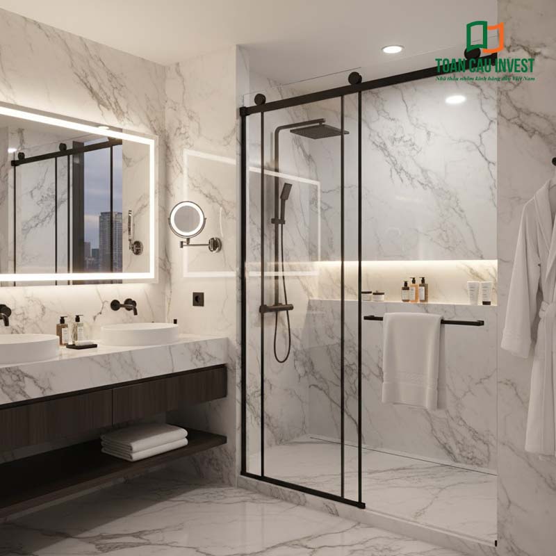 Vách kính trượt phòng tắm khung nhôm đen cao cấp, kết hợp tường ốp đá marble trắng và ánh sáng LED, thể hiện đẳng cấp và phong cách châu Âu hiện đại