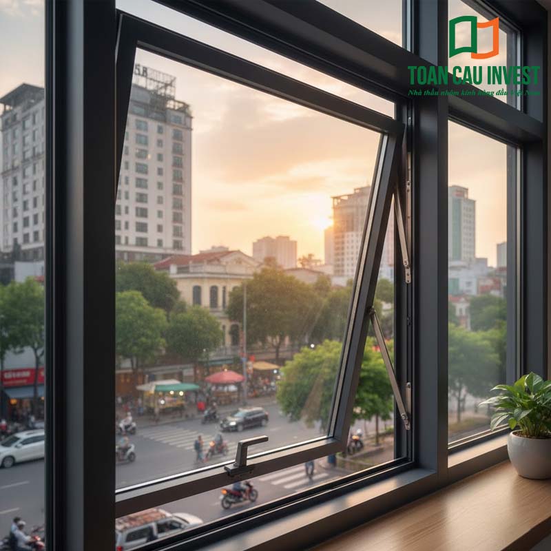 Bản lề A cửa nhôm lắp cho cửa sổ mở hất, vận hành êm, chắc chắn và phù hợp công trình nhà phố hiện đại.