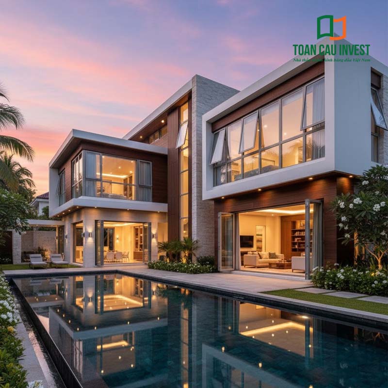 Biệt thự cao cấp sử dụng bản lề A cửa nhôm cho hệ cửa mở hất, mang lại thẩm mỹ sang trọng và độ bền vượt trội.